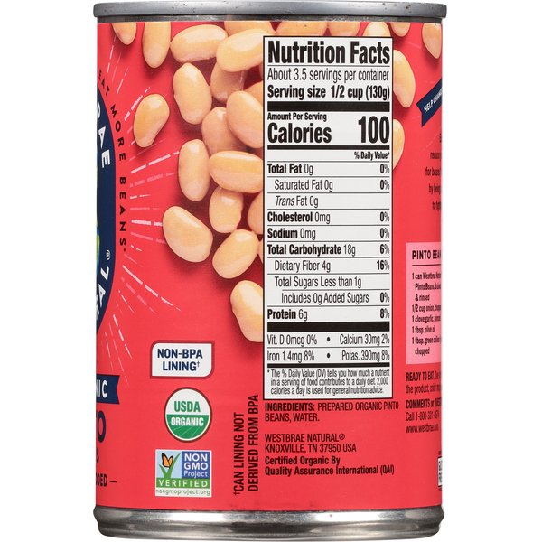 Westbrae Natural Pinto Beans, No Salt Added, Organic