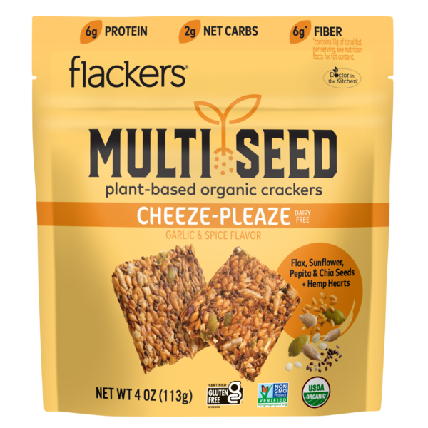 Dr. in the Kitchen Flackers Flackers Multi Seed, plant based organic crackers, Cheeze Pleaze