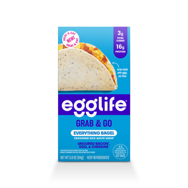 egglife grab & go everything bagel with bacon, egg & cheese