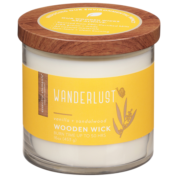Essential Elements Candle, Wooden Wick, Wanderlust, Vanilla + Sandalwood
