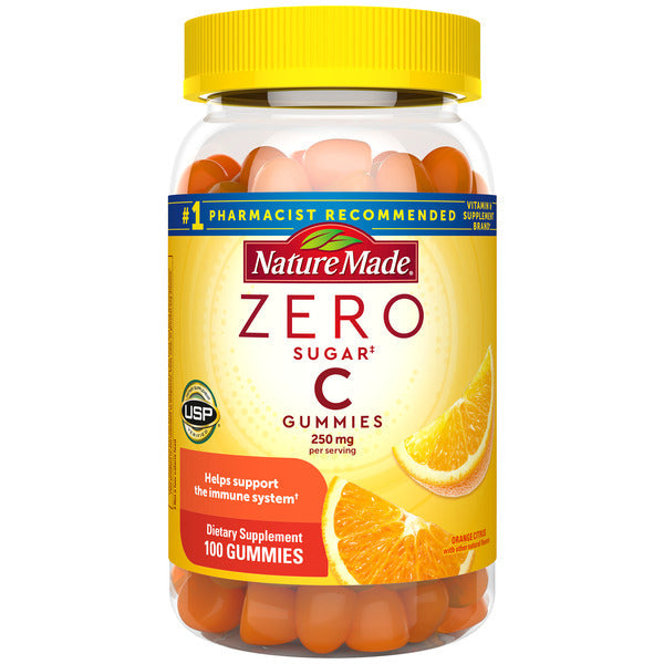 Nature Made Zero Sugar Vitamin C Gummies 250 mg per serving, Immune & Antioxidant Support, Aspartame Free, 100 Sugar Free Gummies, 50 Day Supply