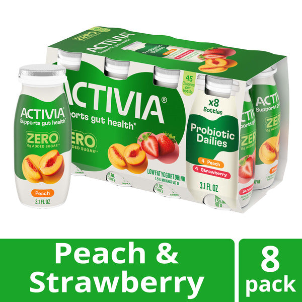 Activia ZERO 0g Added Sugar Peach and Strawberry Probiotic Dailies, Low Fat Probiotic Yogurt Drinks With 0g Added Sugar to Help Support Gut Health, 3.1 fl oz, 8 Count