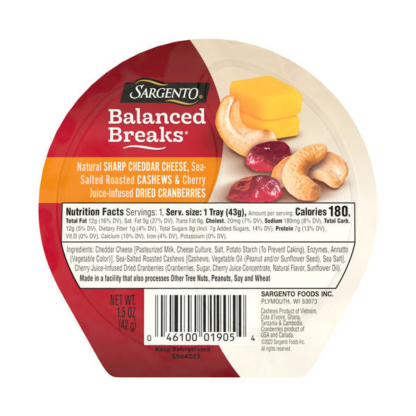 Sargento Balanced Breaks® Natural Sharp Cheddar Cheese, Sea-Salted Cashews and Cherry Juice-Infused Dried Cranberries, 1-Count