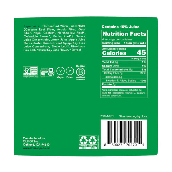 OLIPOP Prebiotic Soda, Lemon Lime, Shelf Stable
