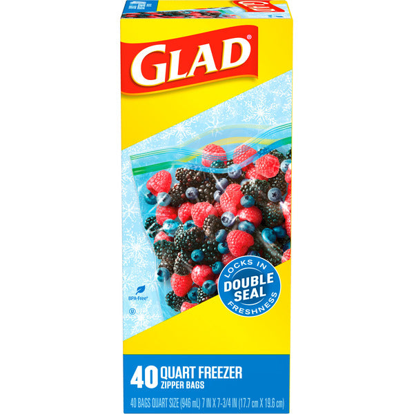 Glad Zipper Freezer Storage Plastic Bags, Quart