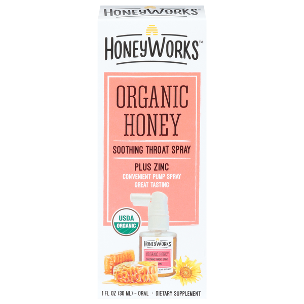 HoneyWorks Throat Spray, Soothing, Plus Zinc, Organic Honey