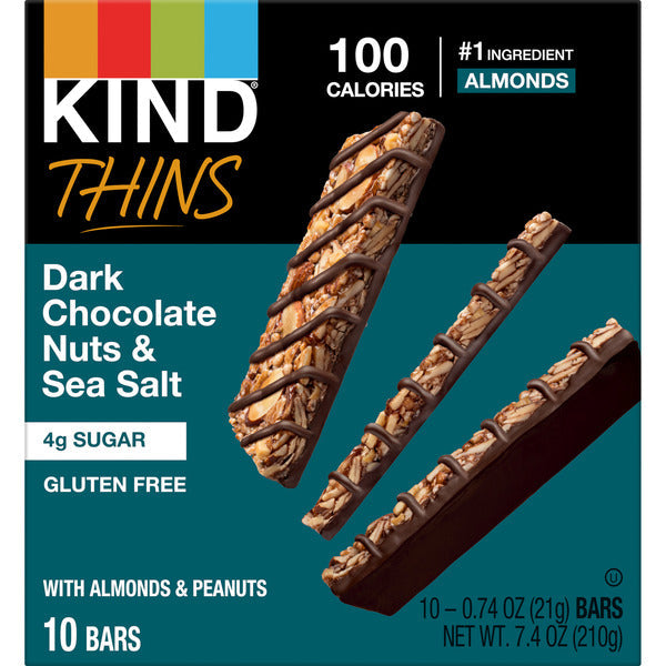 KIND Thins Gluten Free Dark Chocolate Nuts & Sea Salt Snack Bars, 0.74 oz, 10 Count