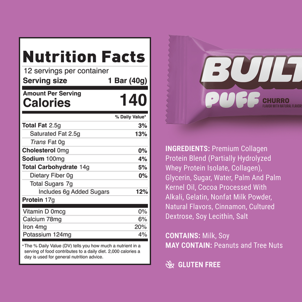BUILT Collagen Protein Bar, Cinnamon Churro Puffs
