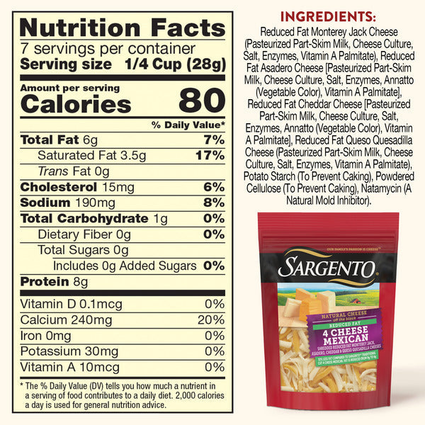 Sargento Reduced Fat Natural 4 Cheese Mexican Shredded Cheese, Traditional Cut