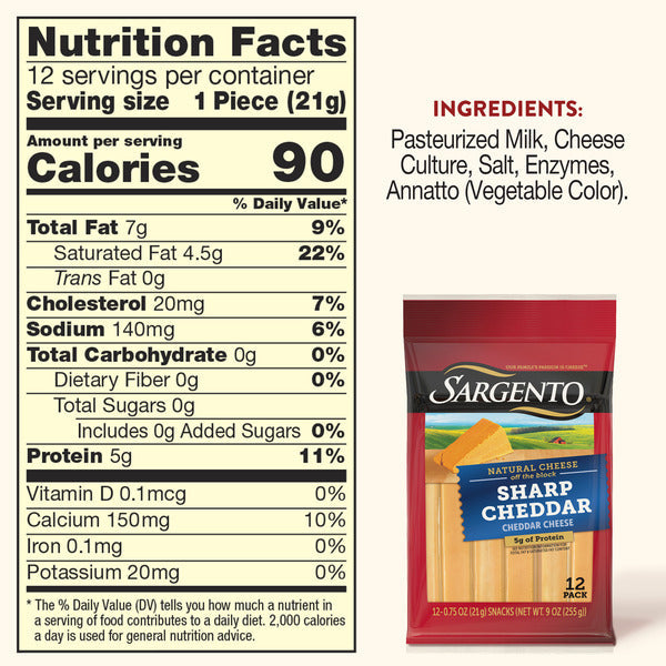 Sargento Natural Sharp Cheddar Cheese Sticks, 12-Count