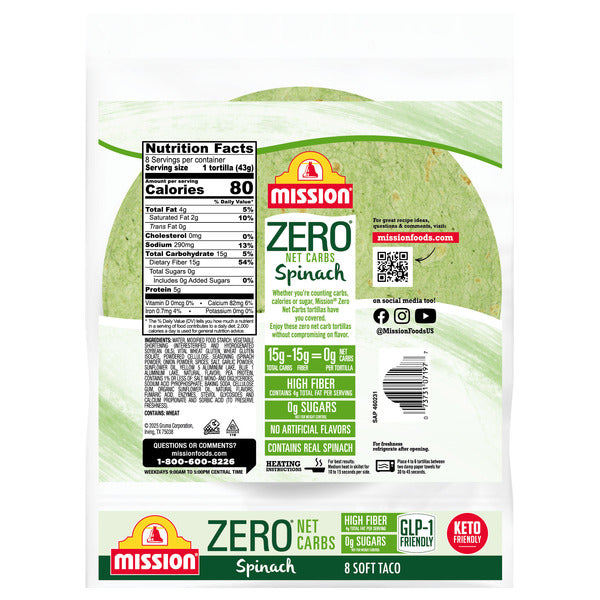 Mission Zero Net Carbs Spinach Flour Tortillas, Soft Taco Size, 8 Count