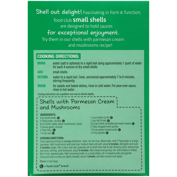 Food Club Enriched Macaroni Product, Small Shells