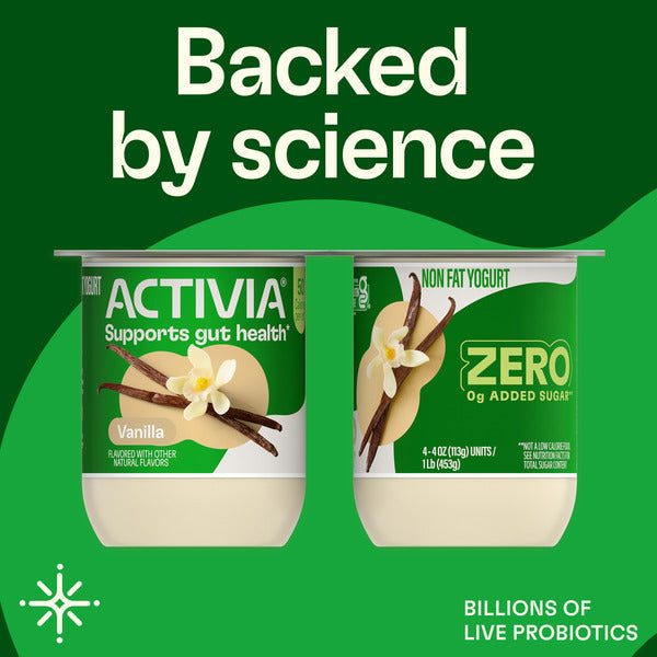 Activia ZERO 0g Added Sugar Vanilla Probiotic Yogurt, Delicious Nonfat Yogurt Cups to Help Support Gut Health, 4 oz, 4 Count