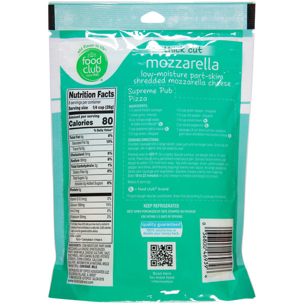 Food Club Thick Cut Low-Moisture Part-Skim Shredded Mozzarella Cheese