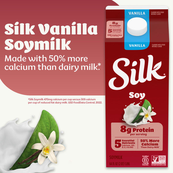 Silk Soy Milk, Vanilla, Dairy Free, Gluten Free, Delicious Vegan Plant Based Milk with 5 Essential Nutrients, 64 fl oz Half Gallon