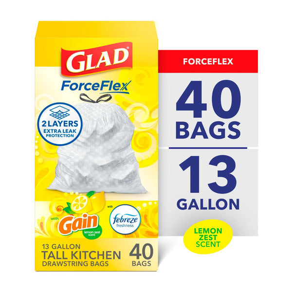 Glad ForceFlex Tall Kitchen Drawstring Trash Bags, Gain Lemon Zest, 13 Gallon