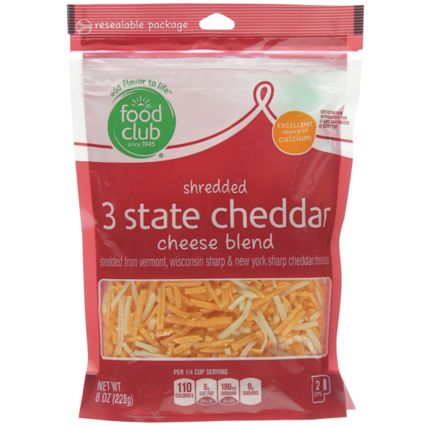 Food Club 3 State Cheddar Cheese Blend Vermont, Wisconsin Sharp & New York Sharp Cheddar Shredded Cheeses