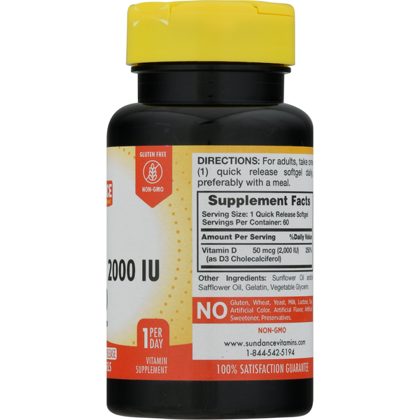 Sundance Vitamins Vitamin D3, High Potency, 2000 IU, Softgels