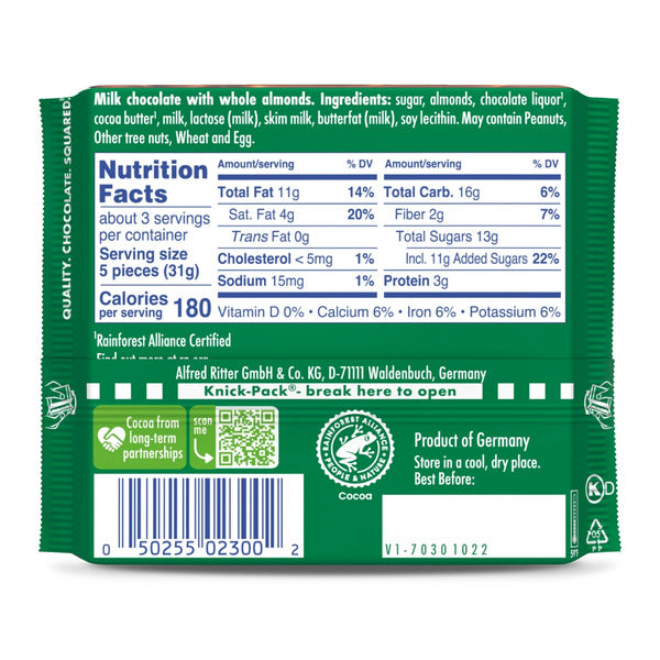 Ritter Sport Milk Chocolate Candy Bar with Crunchy Whole Almonds