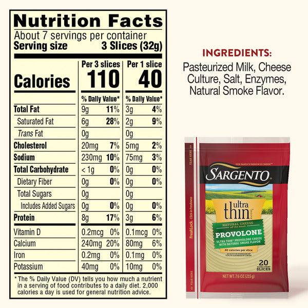 Sargento Ultra Thin® Natural Provolone with Natural Smoke Flavor Sliced Cheese, 20 Slices