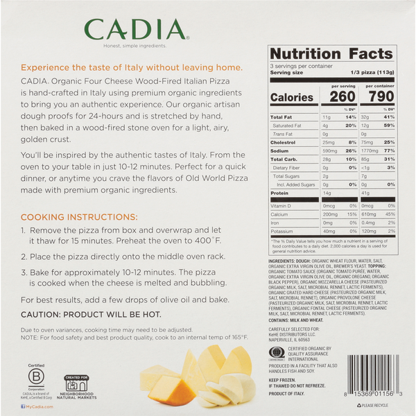 CADIA Italian Pizza, Four Cheese, Organic, Wood-Fired