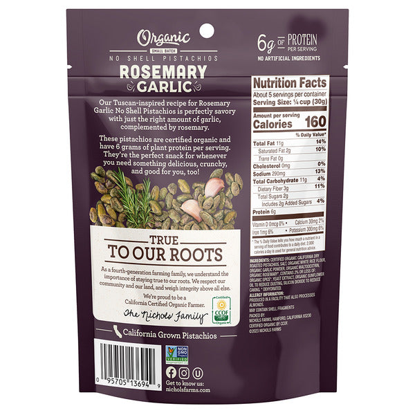 Nichols Farms Organic No Shell Pistachios, Rosemary Garlic