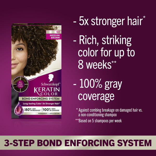 Schwarzkopf Schwarzkopf Keratin Hair Dye 5.0 Medium Brown, Permanent Hair Color, 1 Use