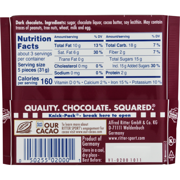Ritter Sport Dark Chocolate, 50% Cacao