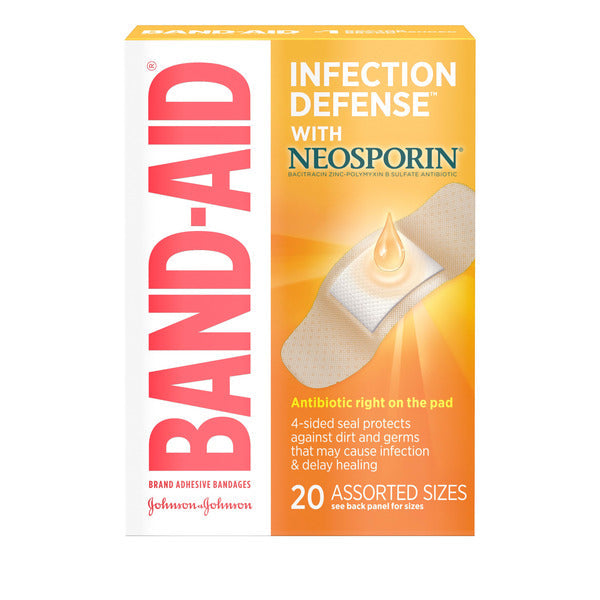 BAND-AID Adhesive Bandages Infection Defense with Neosporin Antibiotic Ointment, Pack of Assorted Sizes, for Wound Care and First Aid, 20 ct DestGlow