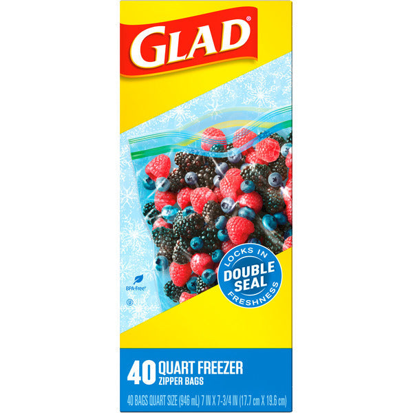 Glad Zipper Freezer Storage Plastic Bags, Quart