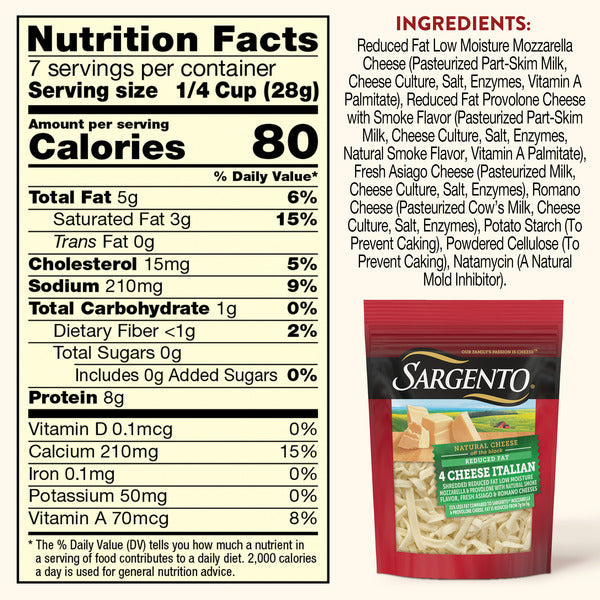 Sargento Reduced Fat Natural 4 Cheese Italian Shredded Cheese, Traditional Cut