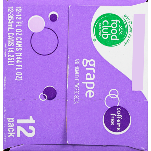 Food Club Soda, Grape, Caffeine Free, 12 Pack