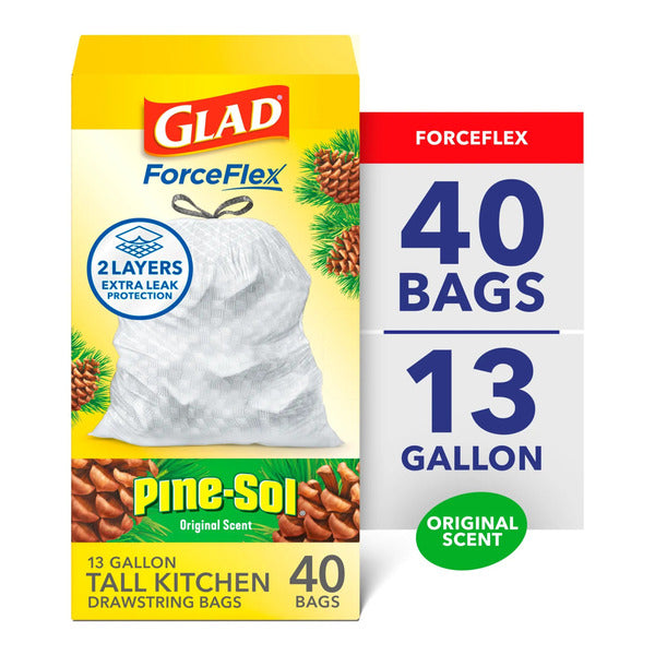 Glad ForceFlex Tall Kitchen Drawstring Trash Bags, 13 Gallon, Pine-Sol Original Scent