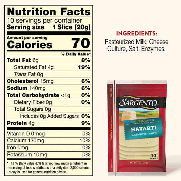 Sargento Natural Havarti Sliced Cheese, 10 Slices