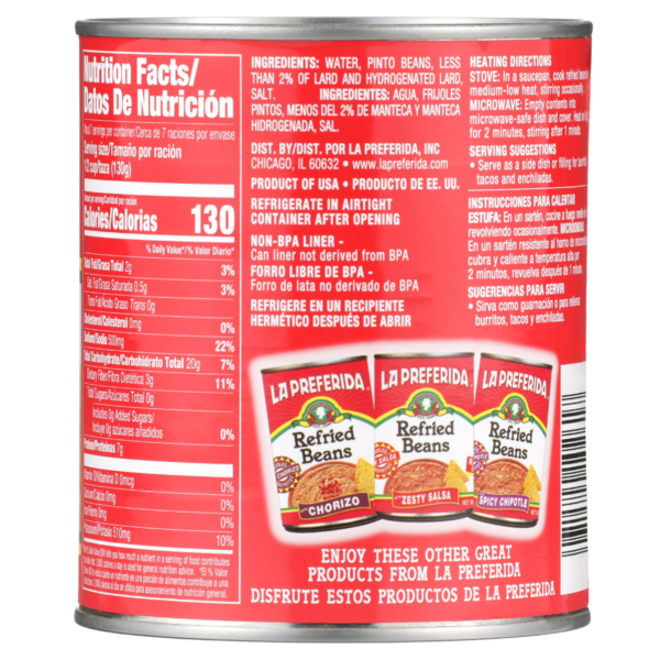 La Preferida Authentic Refried Beans, Chunky Style