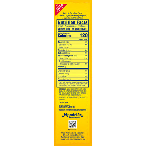WHEAT THINS Reduced Fat Snacks, Whole Grain Wheat Crackers, Snack Crackers, Family Size 13 oz