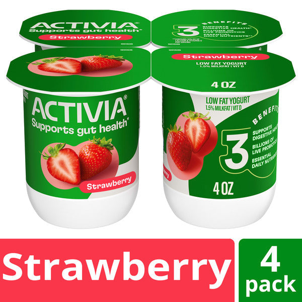 Activia Strawberry Probiotic Yogurt, Delicious Low Fat Yogurt to Help Support Gut Health, 4 oz, 4 Count DestGlow