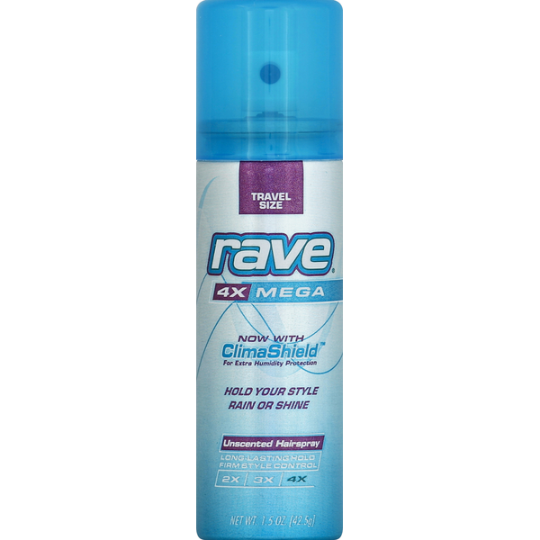 Rave Hairspray, 4X Mega, Unscented, Travel Size