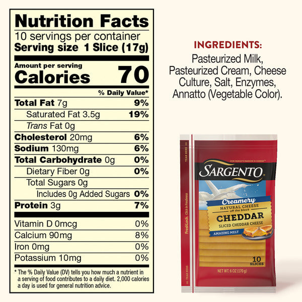 Sargento Creamery Natural Cheddar Sliced Cheese, 10 Slices