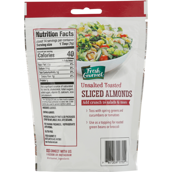 Fresh Gourmet No Salt Toasted Sliced Almonds DestGlow