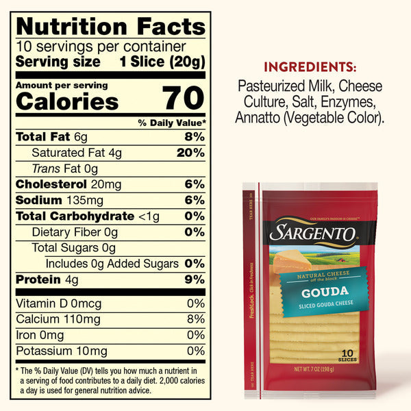 Sargento Natural Gouda Sliced Cheese, 10 Slices