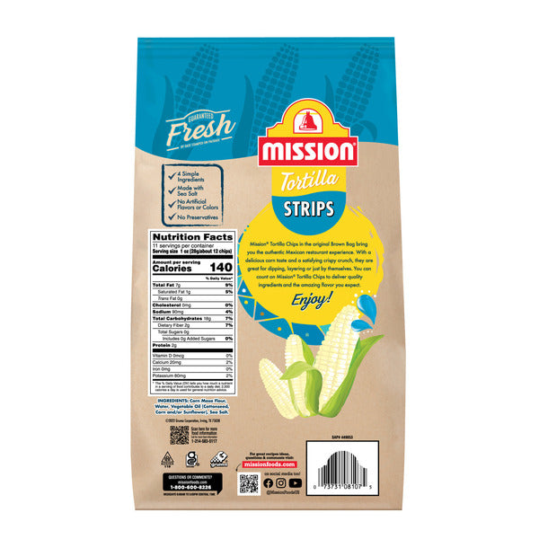 Mission Strips White Corn Tortilla Chips, 11 Ounce Bag