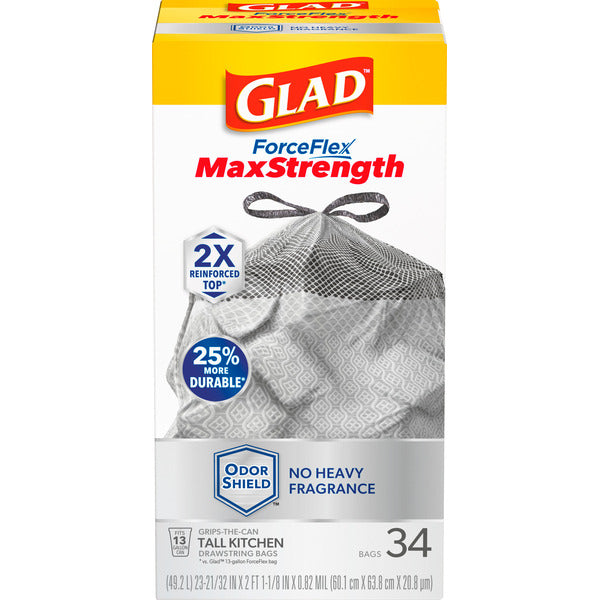 Glad ForceFlex MaxStrength Tall Kitchen Drawstring Trash Bags, 13 Gallon, Odorshield