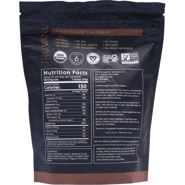 Truvani Protein Powder, Chocolate Flavored, Plant Based