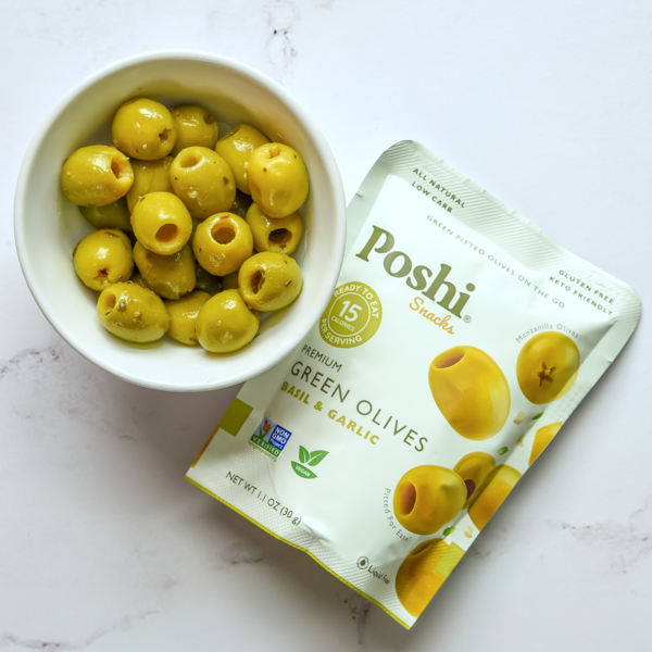Poshi Basil & Garlic Pitted Green Olives