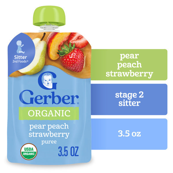 Gerber Stage 2 Baby Food Organic Pear Peach Strawberry Puree Pouch