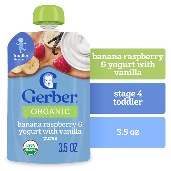 Gerber Toddler Food Organic Banana Raspberry Yogurt With Vanilla Puree Pouch