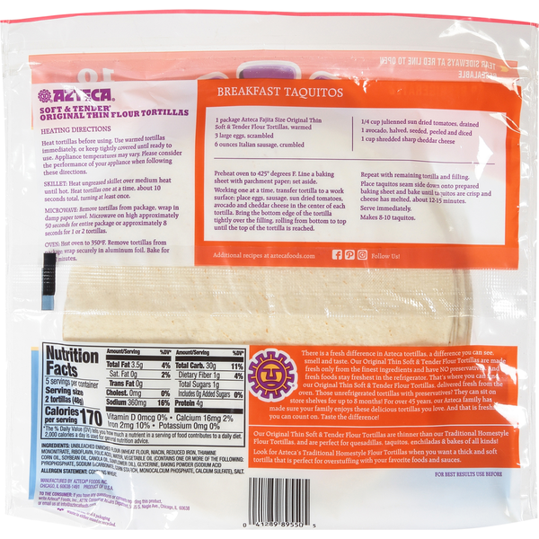 Azteca Tortillas, Original Thin Flour, Fajita