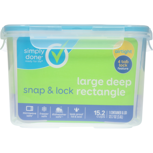 Simply Done Container & Lid, Snap & Lock, Large, Deep Rectangle, 121.7 Ounce