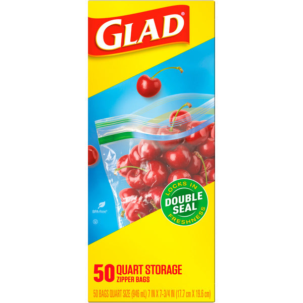 Glad Zipper Food Storage Plastic Bags, Quart